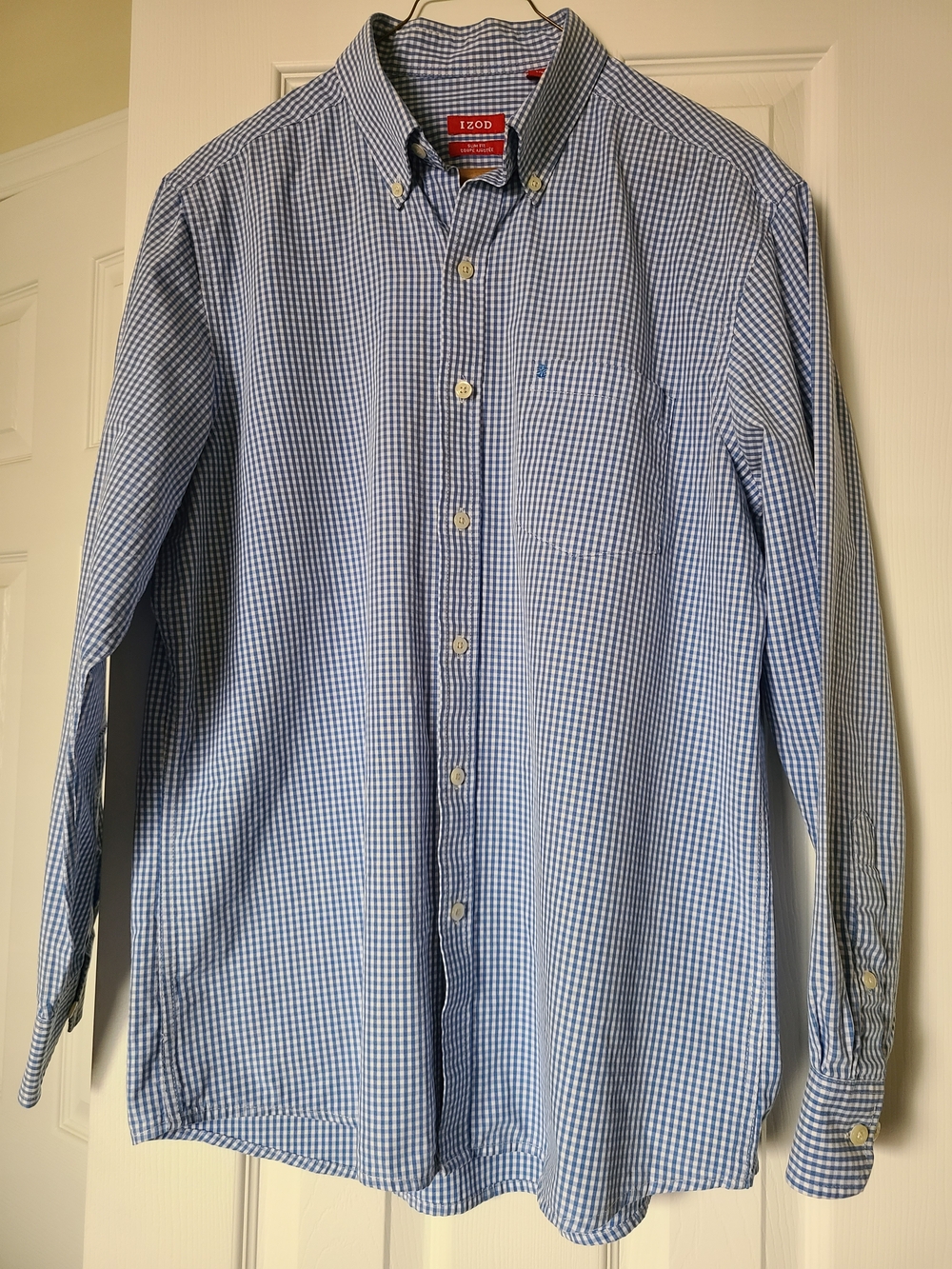 IZOD Men's Slim Fit Coupe Ajustee Blue Gingham Button Down Preppy Shirt Large